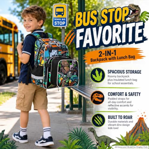 Image of WZLVO 3PCS Kids Dinosaur Backpack Set, 16 inch Cool UV Printing Boys Bookbag /School Bag with Clip-On Lunch Bag & Pencil Bag for Preschool to Elementary - Dinosaur Khaki