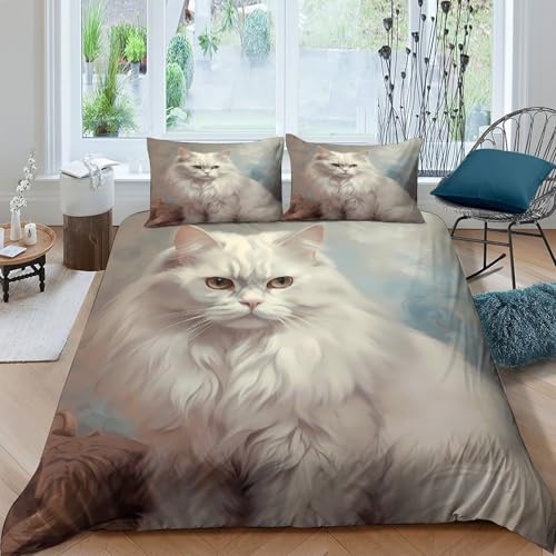 Housse de couette chat blanc 3D 140x200 microfibre avec 2 taies