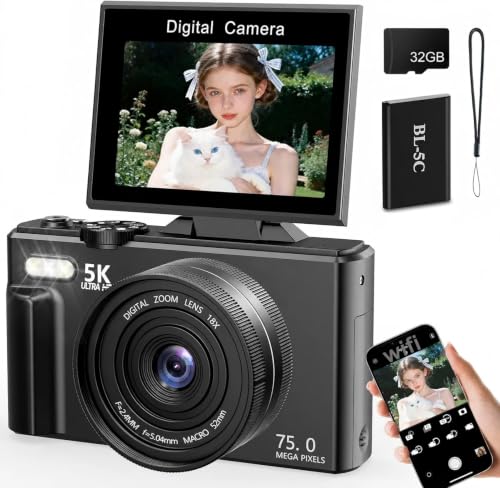 Camtryzine 5K Digital Camera, 75MP Vlogging Camera for YouTube, Black