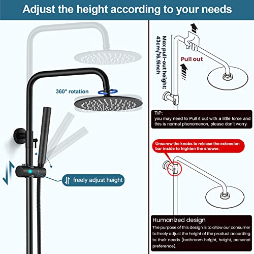 Midanya Matte Black Outdoor Shower Fixture Set Sus 304 Stainless Steel 8 Inch Rainfall Shower Head With 2 In 1 Cylinder Handheld Spray Wall Mount Adjustable Slide Bar One Handle Shower Faucet #TOP4