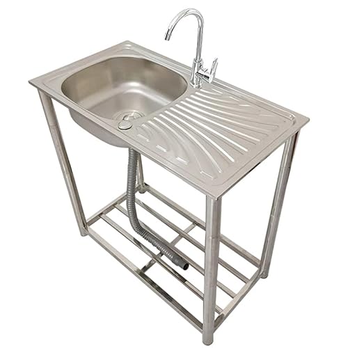 YADZISW Stainless Steel Utility Sink, Free Standing Single Bowl Commercial Kitchen Sink Set w/Right Workbench and Hot Cold Faucet, Sinks for Garage, Restaurant, Laundry, Backyard