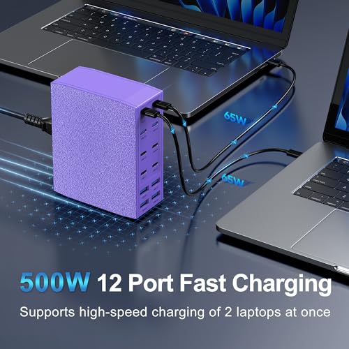 Image of 500W USB C Charger Block, 12-Port USB C Charging Station for Multiple Devices, Leather Texture Dual PD 65W Laptop Fast Charger Compatible with MacBook Pro /Air, iPad, iPhone,Galaxy and More,Purple