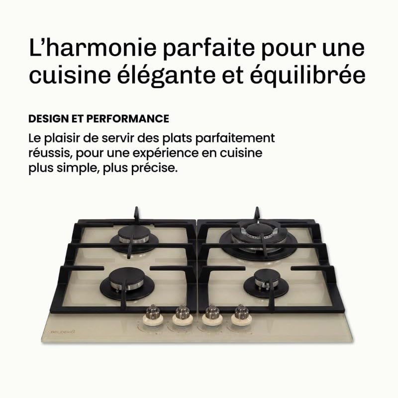 BELDEKO Plaque Gaz 4 Feux 8000W Beige Boutons Laiton - Marque Française