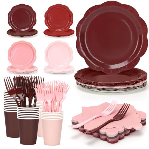 192Pcs Pink and Burgundy Plates and Napkins Party Supplies, Disposable 9’’ Maroon Paper Plates and Cups and Napkins Set for Baby Shower, Birthday, Wedding, Christmas Party Decorations, Serves 48