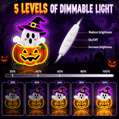 Image of Halloween Neon Sign, Dimmable Cute Ghost Pumpkin LED Lights for Wall Decor | Spooky Ghost Pumpkin Neon Light Sign for Bedroom, Game Room, Window, Home Bar, Haunted House, Halloween Party Decor & Gifts
