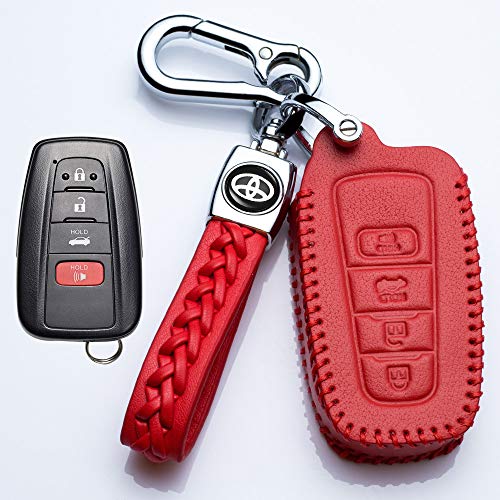 Hey Kaulor for Genuine Leather Remote Key Fob Case Cover Protector with Key Chain for 2019 Toyota Corolla Hatchback, Avalon, Camry, Prius, C-HR