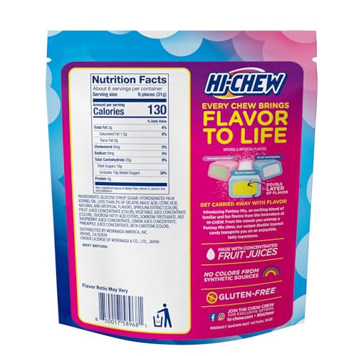 HI-CHEW Fantasy Mix, Rainbow Sherbet Blue Hawaii Blue Raspberry, 220+ Pieces, 4 Stand Up Pouches, 12.7oz ea - Unique Fun Soft Chewy Candy - Immensely Juicy Flavors - Individually Wrapped Halloween Sharing Candy - Thumbnail 2