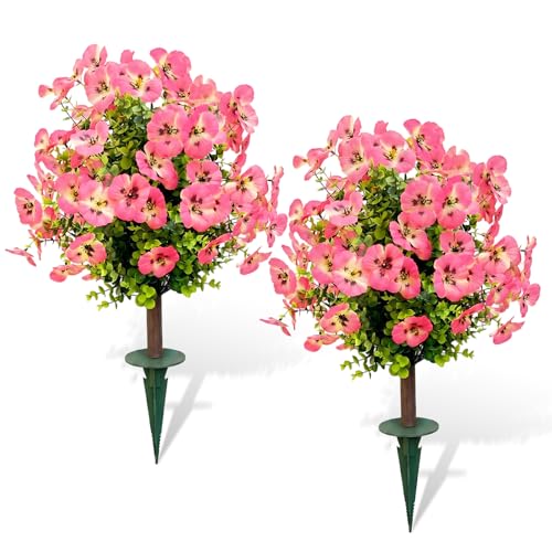 VZXBRISK Outdoor Artificial Simulated Trees 2-Piece Set, UV-Resistant Simulated Boxwood Fake Shrubs with Ground Stakes for Outdoor Porch & Garden Decoration (Pink)