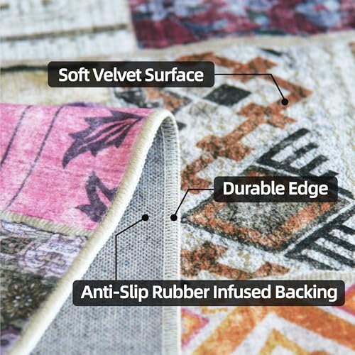 Weaverlane WV203D Soft Washable Faux Wool Ultra-Thin Patchwork Pink Boho Stain Resistant 4X6 Area Rug Non-Slip Backing thumb #5