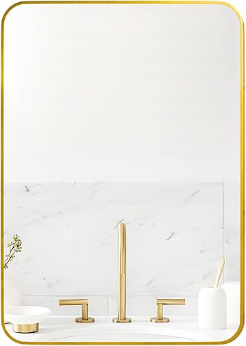 Manocorro Espejo de pared para baño, 20 x 28 pulgadas, espejo rectangular dorado con marco de aleación de aluminio, espejo colgante de esquina