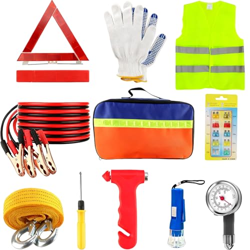 Houbobo Car Emergency Kit 11PCS European Driving Travel Kits Roadside Safety Tool Kit with Jump Leads Warning Triangle Hi-Vis Vest Emergency Hammer Tyre Pressure Gauge Flashlight for Women Men