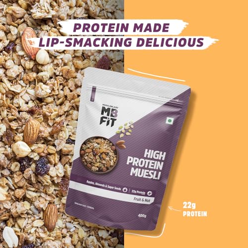 Image of MuscleBlaze Fit High Protein Muesli (400g, Fruits & Nut) | 22g Protein | With Apple, Almonds & Super Seeds,High Protein Breakfast Cereals
