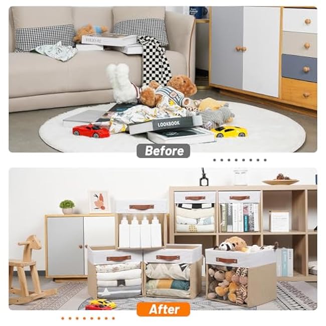 HNZIGE Fabric Cube Storage Bins 13 x 13,Clear Windows Storage Cubes, Canvas Cloth Bin, Closet Organizers and Storage for Clothes,Shelves (White&Khaki 6PCS)
