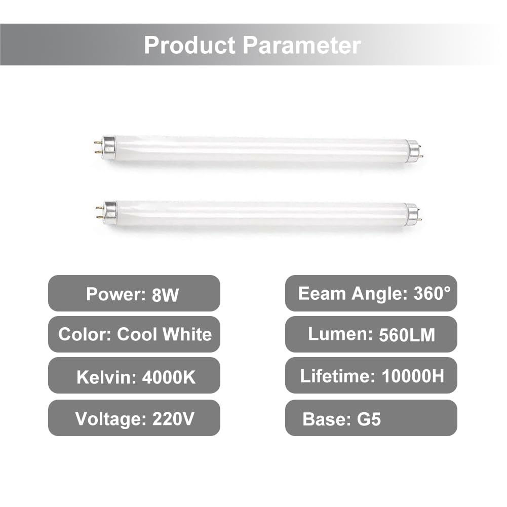 T5 Tubes Fluorescents 300mm 8W, 4 Pack Blanc Froid 6500K, 560LM, Base G5, Faible Consommation D'énergie, éclairage D'urgence à économie D'énergie, Convient Pour Cuisine, Salle De Bain, Armoire, Garage