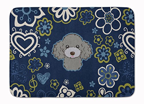Caroline's Treasures BB5110RUG Blue Flowers Silver Gray Poodle Machine Washable Memory Foam Mat, Bathroom Rug, Non-Slip Bath Mat, Durable Thick Washable Rugs for Kitchen, Bathroom Quick Dry, Decorativ