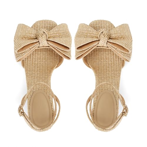 Raffia Bow Heels For Women Chunky Heeled Sandals Slingback Heels Open Square Toe Summer Comfortable Wedding Sandals2