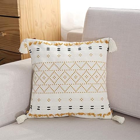 Kolachic Moroccan Boho Decorative Throw Pillow Cover 18X18 Inch, Super Soft Woven Comfy Tufted Pillowcase with Tassels, Classic Pattern Pillow for Sofa Couch Living Room (Yellow, 18"x18") Cover