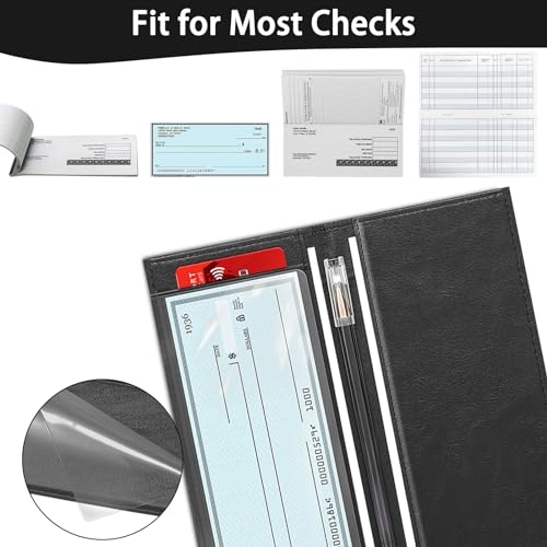 LLi Cufite Leather Checkbook Cover for Top & Side Tear Registers Duplicate Checks with Plastic Insert Flap Card Holder Pen Hoop Slim Wallet for Men Women