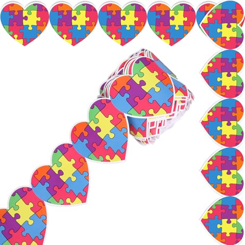 Image of Whaline 65.6Ft Colorful Puzzle Heart Bulletin Board Border Autism Awareness Die Cut Trim Border Roll for Back to School Classroom Chalkboard Decoration