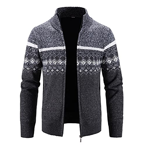 Suéter de invierno para hombre, de manga larga, de terciopelo, grueso, cuello alto, bloque de diamante, a cuadros, chaqueta de forro polar para hombre, gris oscuro, L
