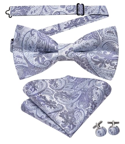 Image of Dubulle Mens Paisley Striped Bowtie Set Pre-tied Bowtie for Men and Pocket Square Set Wedding Business
