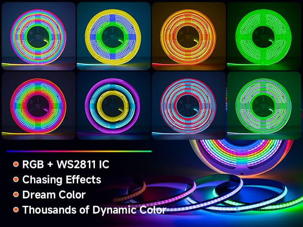 Image of SEZO RGB Smart IC COB LED Strip Lights Addressable WS2811 IC 24V 16.4ft /5m 576LEDs /m IP30 Color Chasing Flexible FCOB RGB Tape Light for TV Home Decor DIY(No Adapter & Controller)