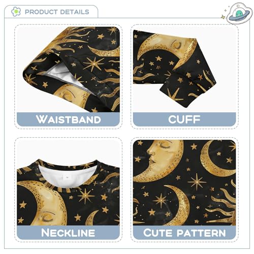 Golden Sun Moon Stars Boho on Black Little Girls Sweatshirts Hoodies Crewneck Boys Sweat Shirt Camping 4T3