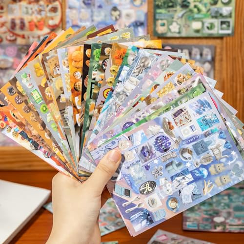 Image of Aesthetic Sticker Book, 30 Sheets Dreamcore & Foodie Designs | Foil, glossy, fine-sand textures with firm matte cover; for journals, planners, scrap albums, collage cards, gifts