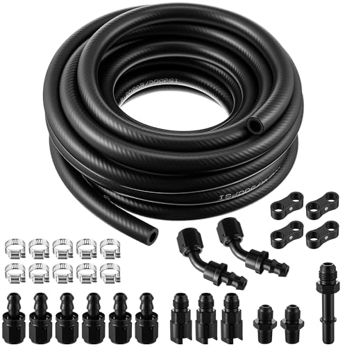 6AN Fuel Line Kit Push Lock 3/8 Fuel Hose Line NBR Rubber SAE 30R7 25FT 300PSI 6AN Hose with 14 Quick Connect Fittings and 14 Clamps
