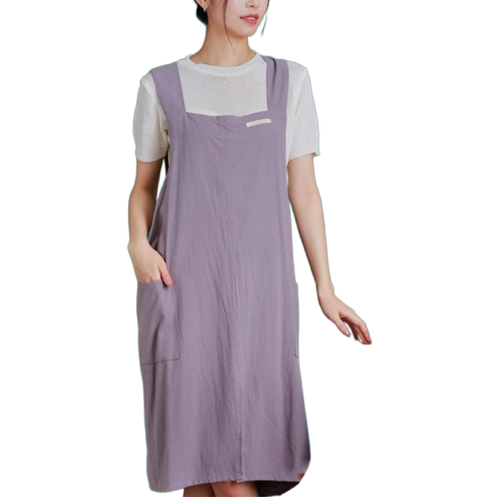 Tablier de cuisine en coton gris pour femme avec grandes poches de rangement