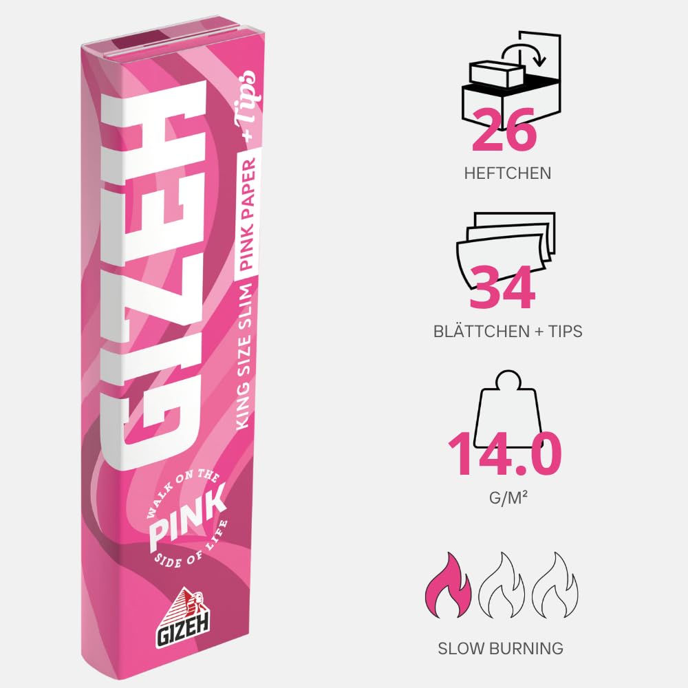 GIZEH ALL PINK King Size Slim + Tips - Blättchen zum Drehen - Pinke Papers und Tips - Packung mit Magnetverschluss - 26er Pack á 34 Premium Rolling Paper (14 g/m²) + 34 Tips