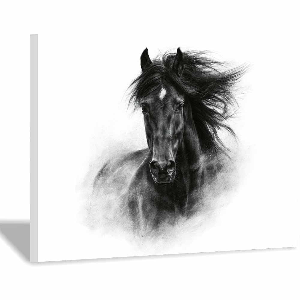 HOQIU Black And White Pictures Black Wild Horse canvas wall art, painting and decor, for Living Room Bedroom Home Decoration(Multicolor)-70x100cm Framed