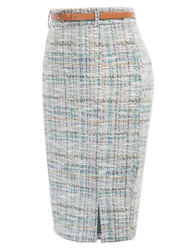 Kate Kasin Women's Tweed Pencil Skirt Knee Length High Waisted Skirts with Slit Elegant Skirts with Belt2