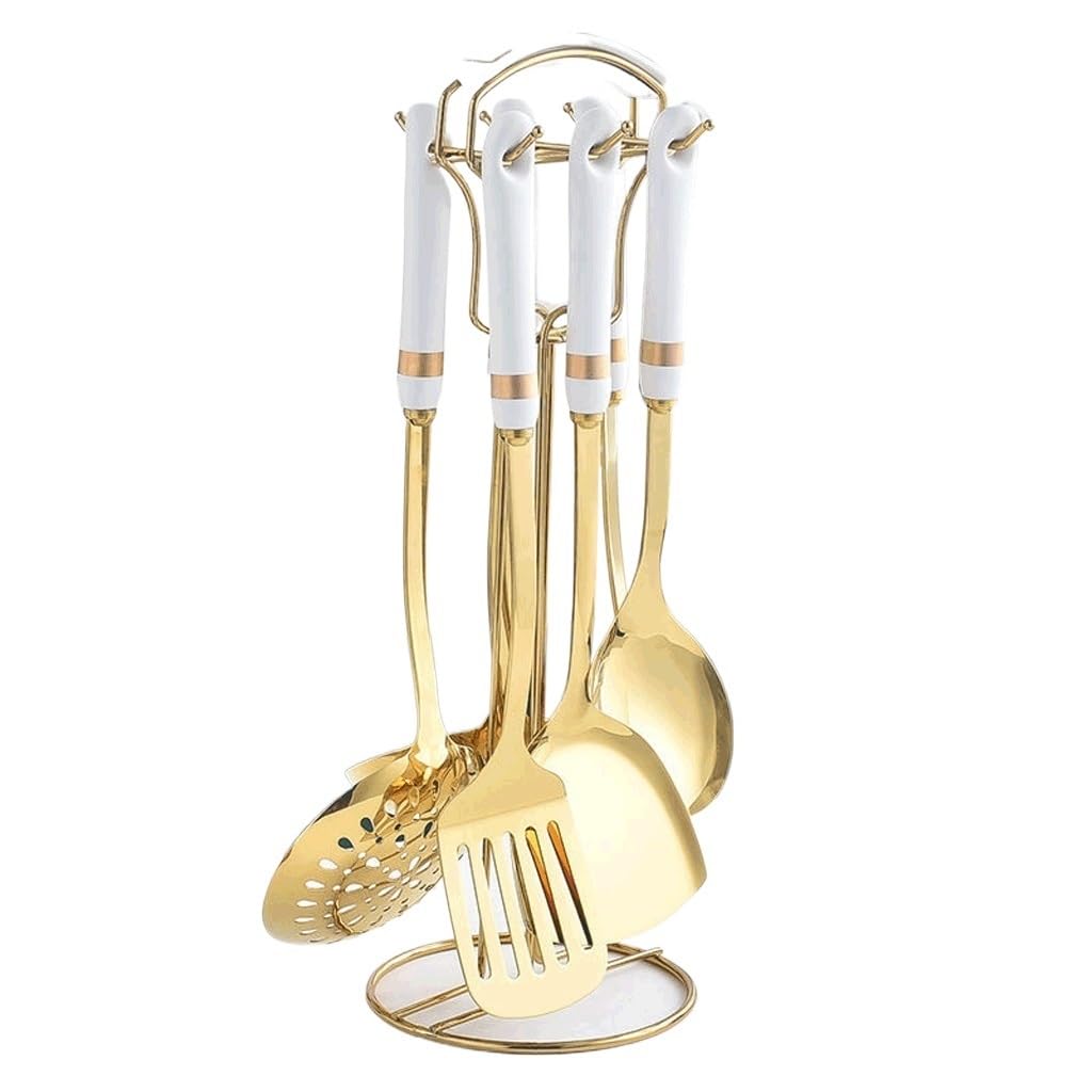 GTHTUHFD Ceramic Stainless Steel Kitchenware Stainless Steel Cooking Spoon Set,A 7 Pieces,Kitchen Cooking Utensils,A-7 pieces