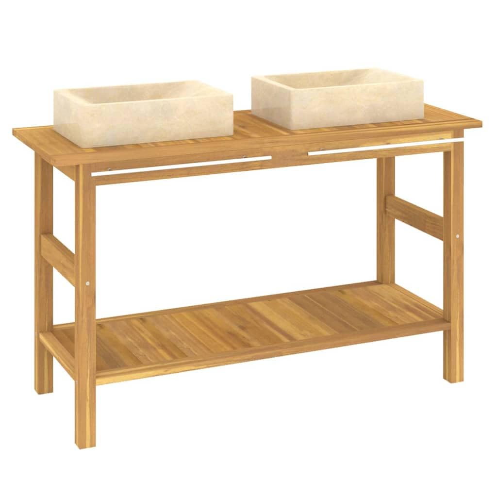 Waschtisch mit Creme Marmorbecken Massivholz Teak Badezimmer Stauraum Robust