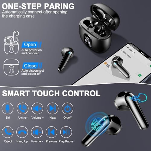 Image of Wireless Earbuds, Bluetooth Headphones, Stereo Bass Ear Buds with ENC Noise Cancelling Mics, Bluetooth Earbuds with LED Display Charging Case, IP7 Waterproof Earphones for Android iOS /Glossy black
