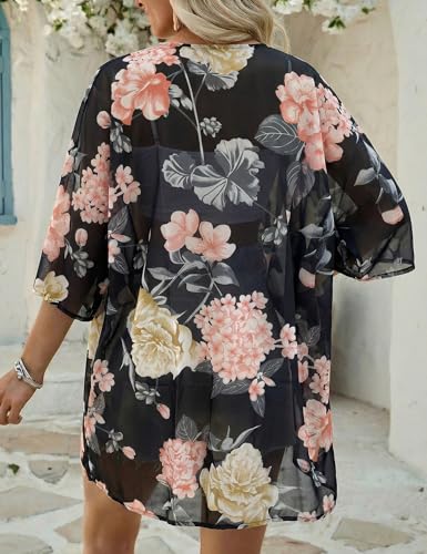 Image of Chunoy Women's Floral Print Puff Sleeve Kimono Cardigan Loose Cover Up Casual Blouse Tops 3X-Large