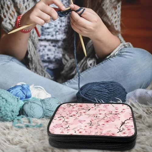 Image of Crochet Hook Case Pink Floral Crochet Hook Holder Portable Crochet Hook Storage Bag with Web Pockets Suitable for Crochet Needles /Knitting Accessories