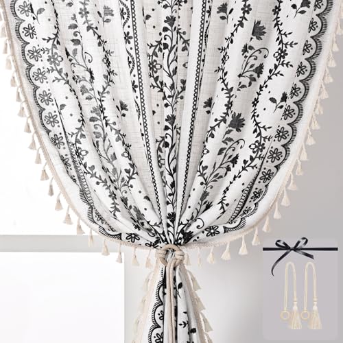 Image of Yinhua Boho Curtains for Living Room 84 Inch Length Vintage Linen Curtains for Bedroom Light Filtering Floral Window Curtain Rod Pocket & Back Tabs Rustic Tassel Drapes with Tiebacks, White Black