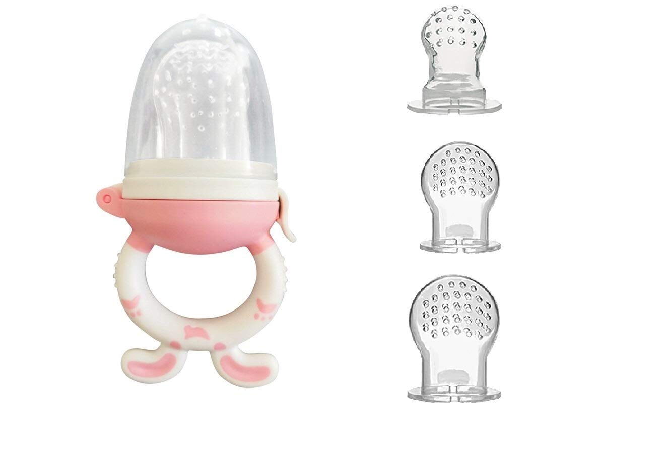 TREXEE Pack of 3 Nipples S M L Size with 1 Nibbler Fruit Feeder Pacifier Fresh Food Nibbler, Infant Fruit Teething Toy Nipple 100% Silicone BPA Free Food Grade Silicone Pouches for Toddlers (PINK, ONE)-image-37