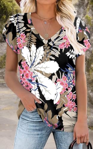 Image of CATHY 2026 Women Tops Summer Short Sleeve Tunic V Neck T-Shirts Loose Casual Floral Blouse S-4XL