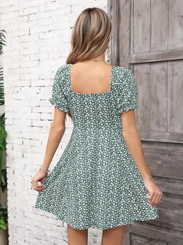 Image of Missufe Women's Puff Short Sleeve Drawstring Ruched Front Fit and Flare Floral Summer Casual Short Dress