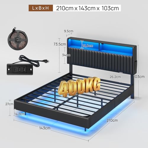 Seventable Metallbett 140x200 cm mit LED-Beleuchtung, inkl. Lattenrost, Schwebendes Design, Stabil & Robust, Einfache Montage, Schwarz – Ohne Matratze – Bild 3