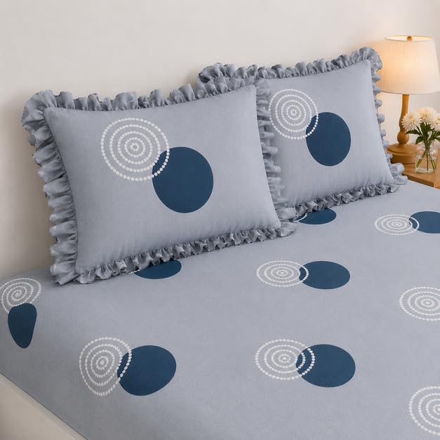 Image of 380 TC Premium Glace Cotton Elastic Fitted Bedsheet King Size with 2 Pillow Covers King Size | Double Bed with All Around Elastic (Grey Gola, Fitted - 72 inchx78 inch King)