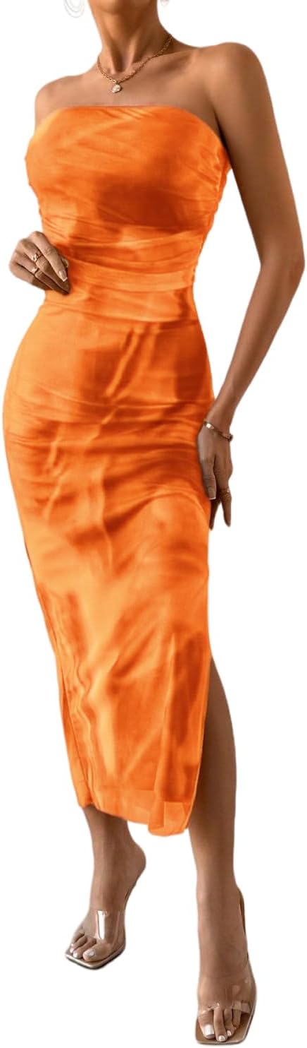 LIGHT DOT Women's Ruched Strapless Bodycon Dress Elegant Tie Dye Midi Guest Dresses Formal Outfits Date Party