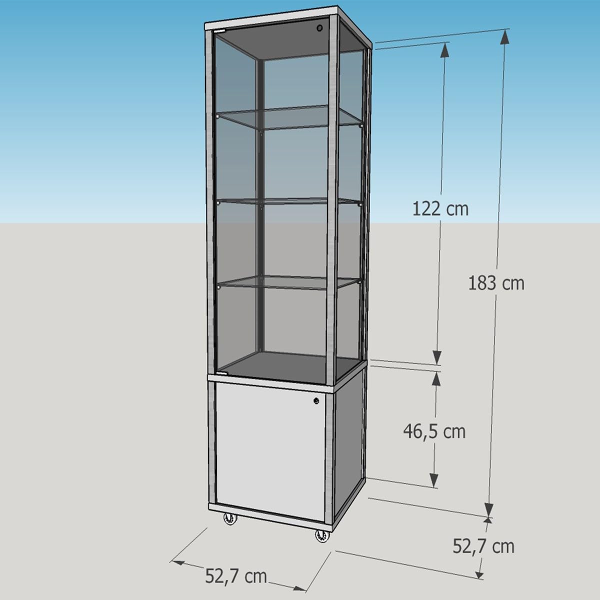 Glasvitrine 180 x 50 x 50 cm - abschließbare Vitrine mit Rollen und Holz-Unterschrank (lichtgrau) - 2-türige Hochvitrine für Sammlerstücke, Kunst oder Schmuck