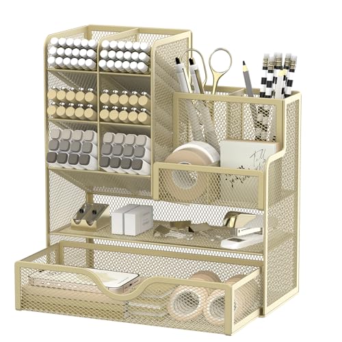 SUPEASY Schreibtisch Organiziers und Zubehör, Metall Mesh Stift Halter für Schreibtisch mit Schublade, 12-Fach Multi-Functional Bleistift Organizer (Golden Yellow)