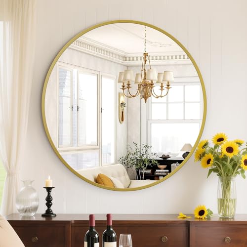 Image of Sweetcrispy 28in Gold Round Bathroom Mirrors for Wall, Bathroom Mirrors for Over Sink, Wall Decor for Bathroom, Entryway, Bedroom, Vanity