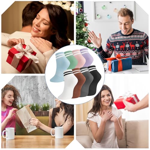 Image of Womens Crew Socks Striped Trim Casual Crew Socks Mid Calf Ankle Sock Vintage Retro Gym Running 6 /8 Pack