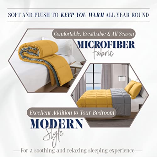 Image of Elegant Comfort 3-Piece Reversible Comforter Set, All Season Cozy, Soft Down Alternative, Quilted - Box Stitched - Duvet Insert with 4 Corner Tabs, Comforter with Shams, Full, Yellow /Gray